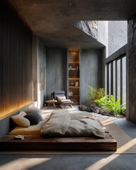 Modern minimalist bedroom with natural light and indoor plants in a tranquil setting