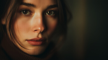 Fototapeta premium Cinematic closeup portrait of woman with natural beauty 