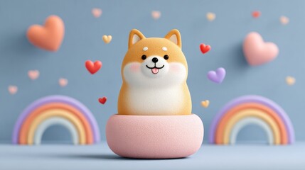 Cute cartoon dog in a pastel-colored bowl, surrounded by hearts and rainbows