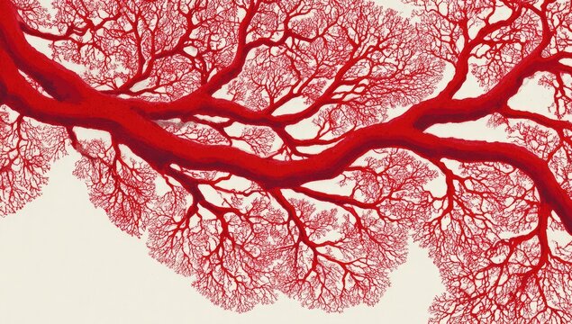 Red tree branches against a light beige background.  Intricate, detailed design