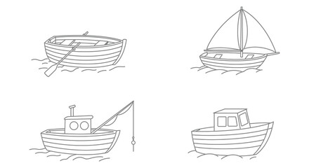 Simple black and white line drawing of various small boats at sea