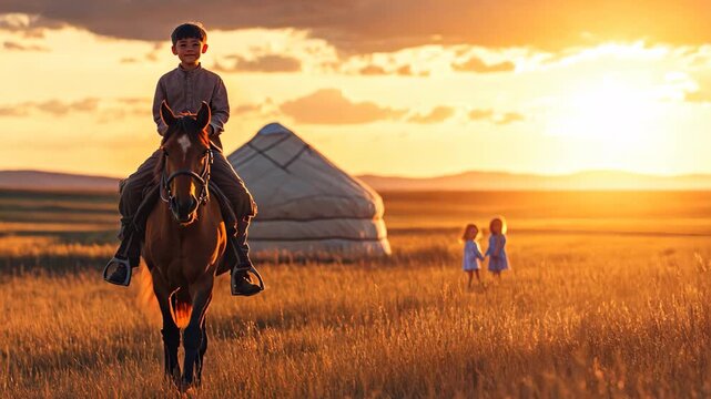 A young boy rides a horse through golden fields near a traditional yurt at sunset.
