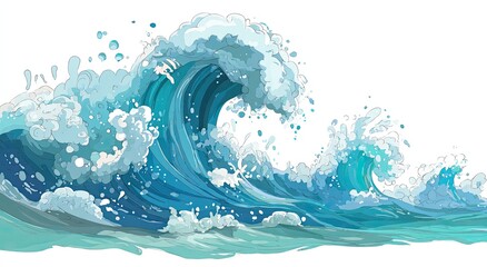 Ocean waves, foamy crests,  blue, white, dynamic