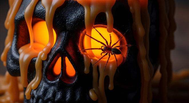 Creepy halloween skull candle with dripping wax and spider decoration