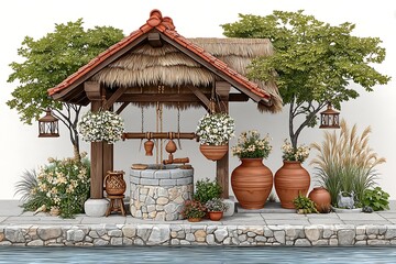 Water pots decorated in rustic hut high resolution picture