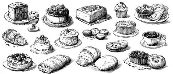 A collection of hand-drawn illustrations of various pastries, cakes, and desserts.  Detailed line art depicts pastries like croissants, cakes, muffins, cookies, and other sweet treats