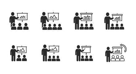 Presentation scenes with people screens and charts depicted as simple glyphs