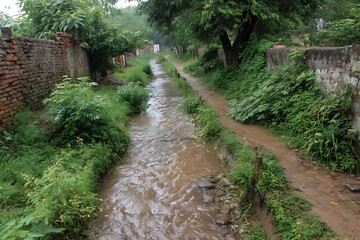 Water flow through green plant alley high resolution picture