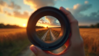 Pathway through golden wheat field leads to sunset horizon. Hand holding lens frames distant road. Long term vision, strategic planning, and foresight guide decisions towards opportunity and success.