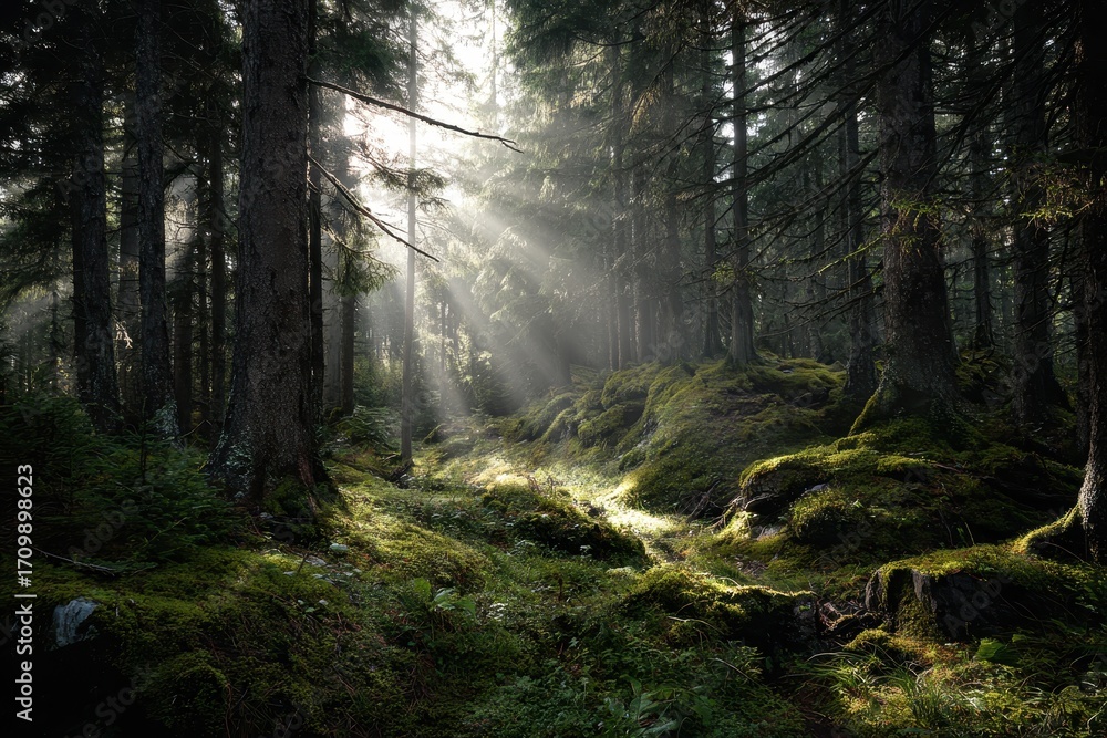 Poster sunrays pierce through dense trees illuminating the mossy ground in a tranquil dark forest during an
