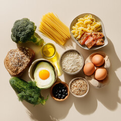 fried eggs with vegetables and pasta