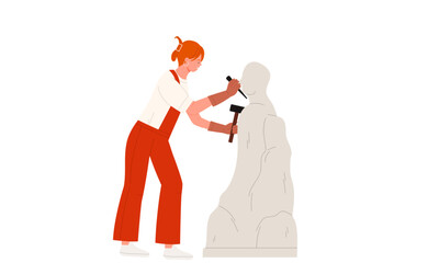 A female sculptor with red hair in red overalls carves a stone statue with a hammer and chisel, isolated on a white background.