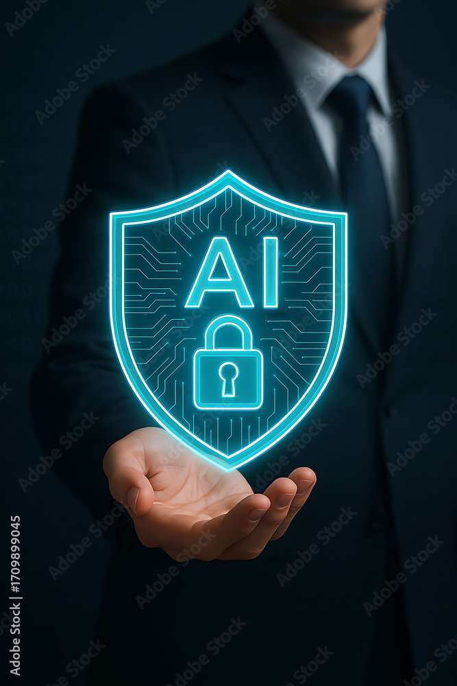 Poster artificial intelligence cybersecurity shield with a lock icon representing data protection, privacy,