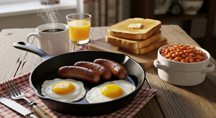 A hearty English breakfast featuring fried eggs, sausages, baked beans, toast with butter, a cup of coffee, and a glass of orange juice.