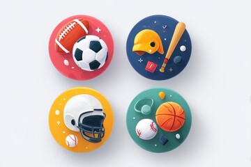 Four colorful circular icons depicting various sports equipment. Each icon features a prominent sports ball or headgear, surrounded by smaller, related items like baseball bats, and soccer balls.