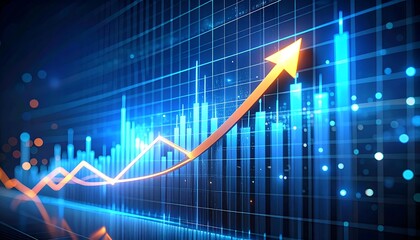 A vibrant digital illustration of financial data rising bars and an upward-pointing arrow over a grid, with a blue and orange color scheme