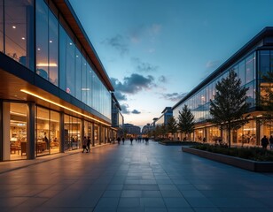 Modern shopping center arcade with glass storefronts at dusk. Pedestrians stroll along tiled walkway lined with trees. Shops display lit interiors, creating a vibrant commercial atmosphere.