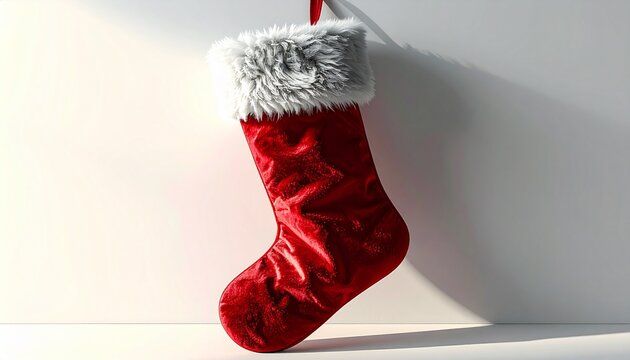 Red christmas stocking hangs against a white wall, ready to be filled with gifts and treats, creating a festive and anticipatory mood.