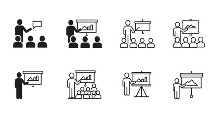 Presentation icons depicting speakers audiences and various slideshow setups