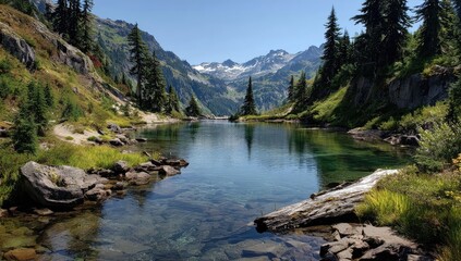 Crystal-clear alpine lake nestled in a valley, mountains and trees