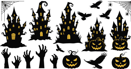 Collection of halloween silhouettes featuring haunted house, pumpkin, raven, and zombie hand for spooky designs