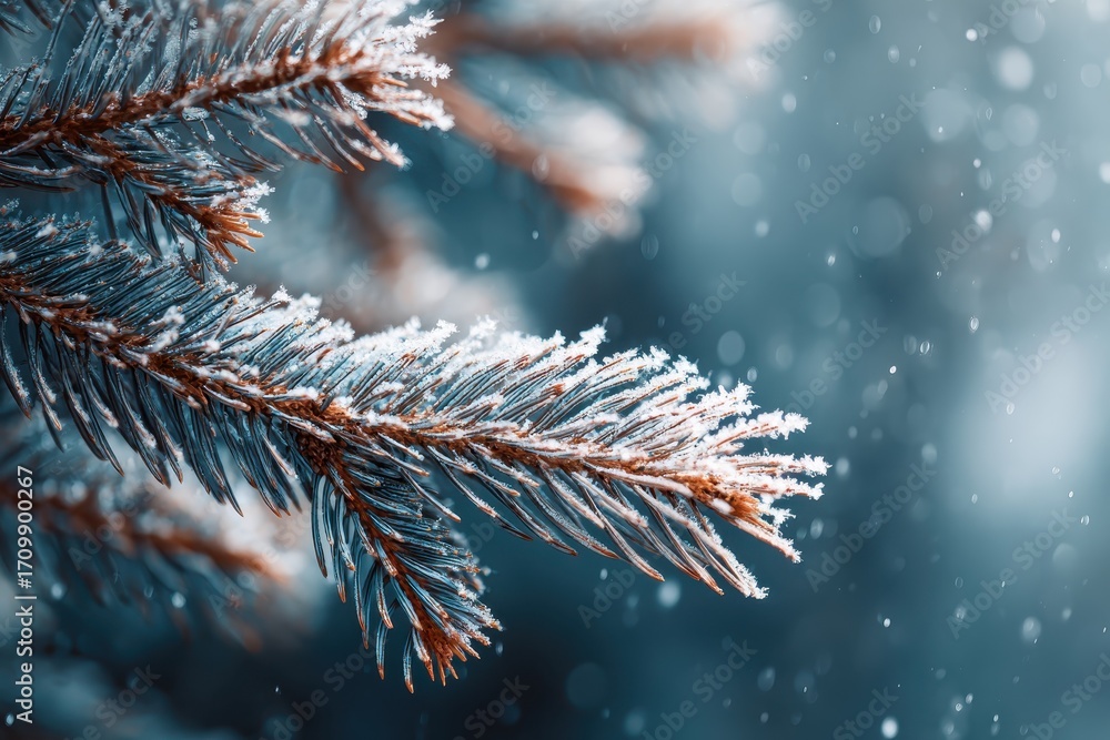 Poster frosted fir branches glisten in a winter wonderland with soft bokeh creating a dreamy atmosphere
