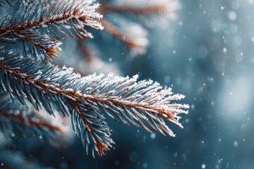 Frosted fir branches glisten in a winter wonderland with soft bokeh creating a dreamy atmosphere
