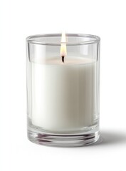 A single, clear glass candle holder, containing a white candle with a flickering flame