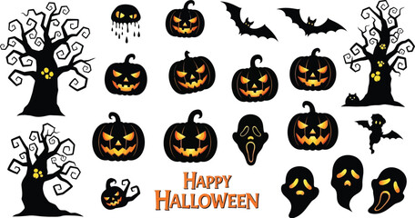 Spooky halloween elements featuring pumpkins, ghosts, bats, and trees for creating eerie and festive designs