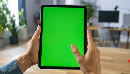 Hands holding a tablet with green screen display in modern office environment, showcasing technology and connectivity for business and communication.