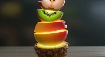 Tower of sliced fresh fruits stacked on a dark background