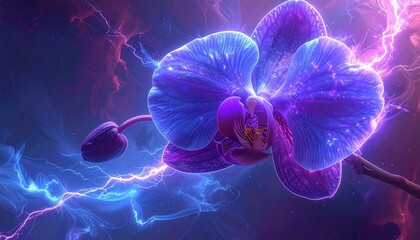 Obraz premium A vibrant orchid, bathed in electric hues, glows with an otherworldly aura against a backdrop of swirling energy.