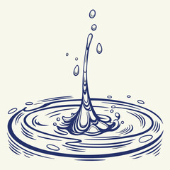 Blue water splash with a clean, abstract wave and a ripple of a droplet