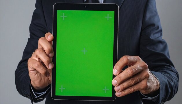 Businessman holding tablet with green screen in office environment presenting information with professional and modern feel.