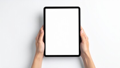 Hands holding a blank tablet device above a white surface, showcasing a clean and modern technology display for presentations or demonstrations.