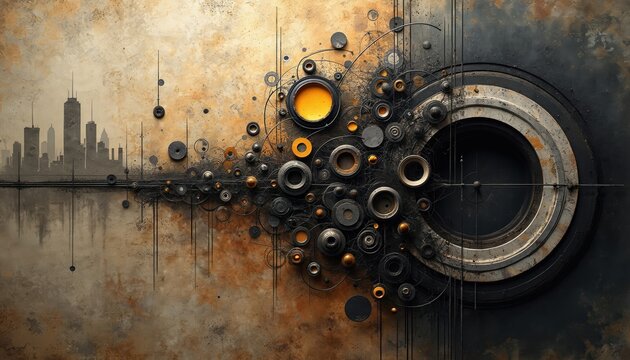 Abstract digital art features chaotic circles, curved lines, grimy texture in dark brown, orange, grey. Dynamic composition with overlapping shapes, bold geometric forms, fluid movement suggests