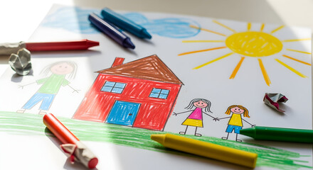 Childrens drawing of a family house sun and people with crayons