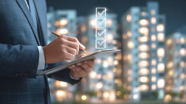 Business Professional completing a checklist of goals and achieving success with an elegant suit and a blurred cityscape