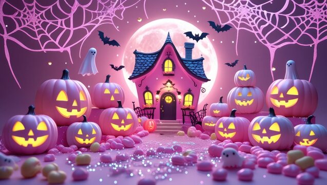 A whimsical Halloween scene showcasing a charming pink haunted house, surrounded by glowing pink pumpkins and candy, under a full moon. - Powered by Adobe