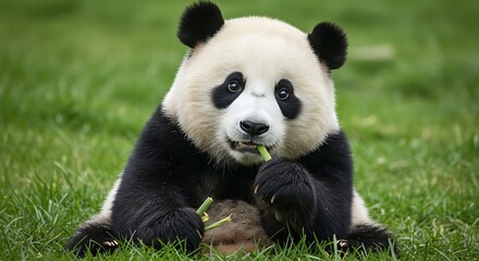 Fototapeta premium Captivating portrait of a magnificent giant panda, peacefully indulging in its bamboo snack amidst vibrant green foliage, embodying natural beauty and wildlife