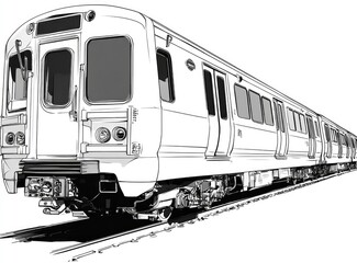 Monochrome subway train.  Detailed line drawing of a modern light rail vehicle on tracks, angled perspective.  Visible are the train's body, windows, doors, and undercarriage