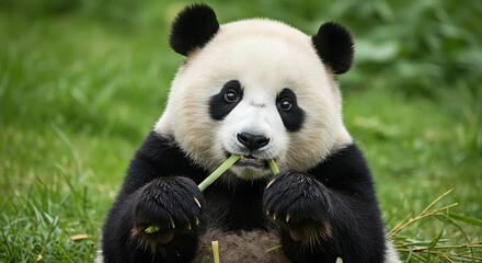 Obraz premium Adorable Panda Enjoying a Delicious Bamboo Snack