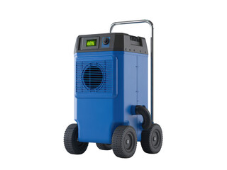 Blue portable industrial dehumidifier with wheels and handle isolated on transparent background