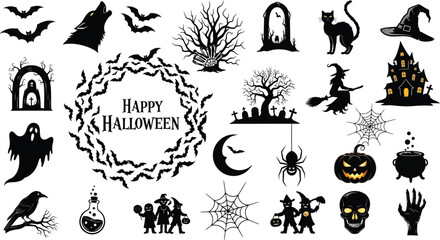 Fototapeta premium Spooky halloween vector illustration with bats, wolf, haunted house, witch, ghost, pumpkin, and other creepy elements
