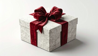 Elegant gift box wrapped with a red velvet ribbon sitting on a white surface, conveying a sense of celebration and anticipation.