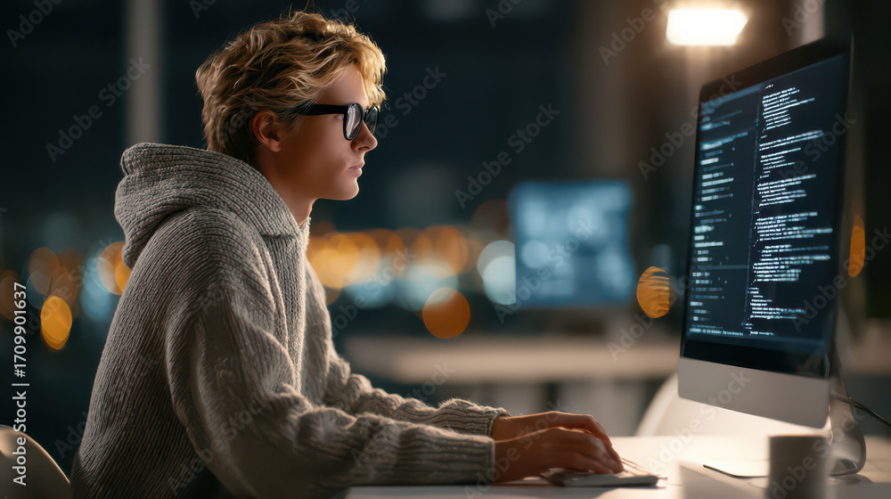 Poster tech savvy at dusk: a focused individual, illuminated by the soft glow of screens, immersed in the i
