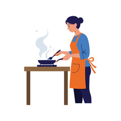 Vector art of woman wearing an orange apron cooking food in a pan on a table