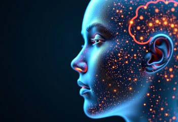 Futuristic abstract digital human face. The concept of artificial intelligence and cybersecurity Copy space