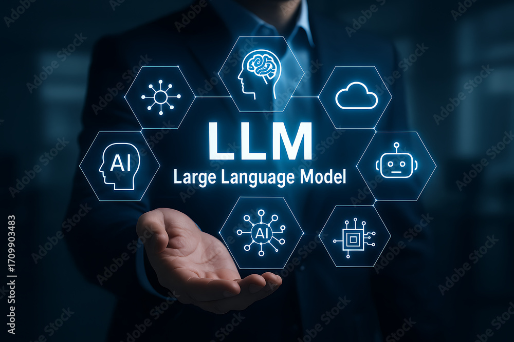 Poster large language model concept, a person's hand holds a holographic representation of an llm and ai br