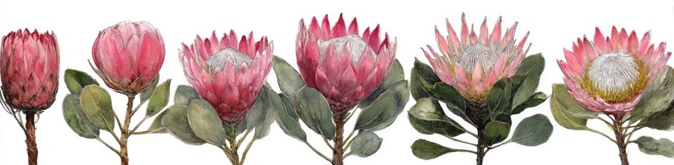 Watercolor illustration of king protea flowers in various stages of bloom